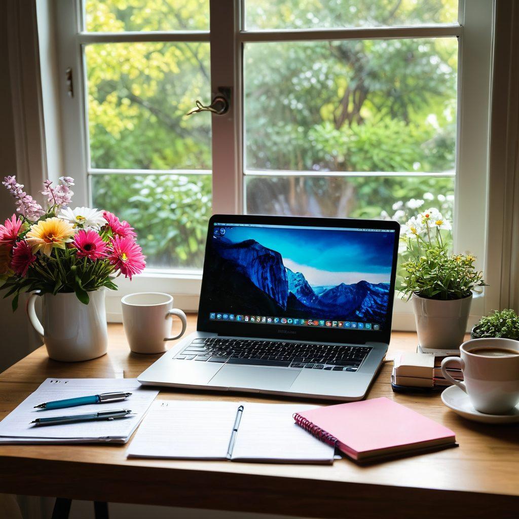 A cozy workspace with a stylish desk cluttered with notebooks, a laptop, and a steaming cup of coffee, symbolizing creativity and personal growth. In the background, a large window reveals a serene garden filled with blooming flowers, representing the flourishing blogging community. Soft sunlight pours in, casting warm hues throughout the room. An inviting atmosphere that encourages expression and connection. vibrant colors. super-realistic.