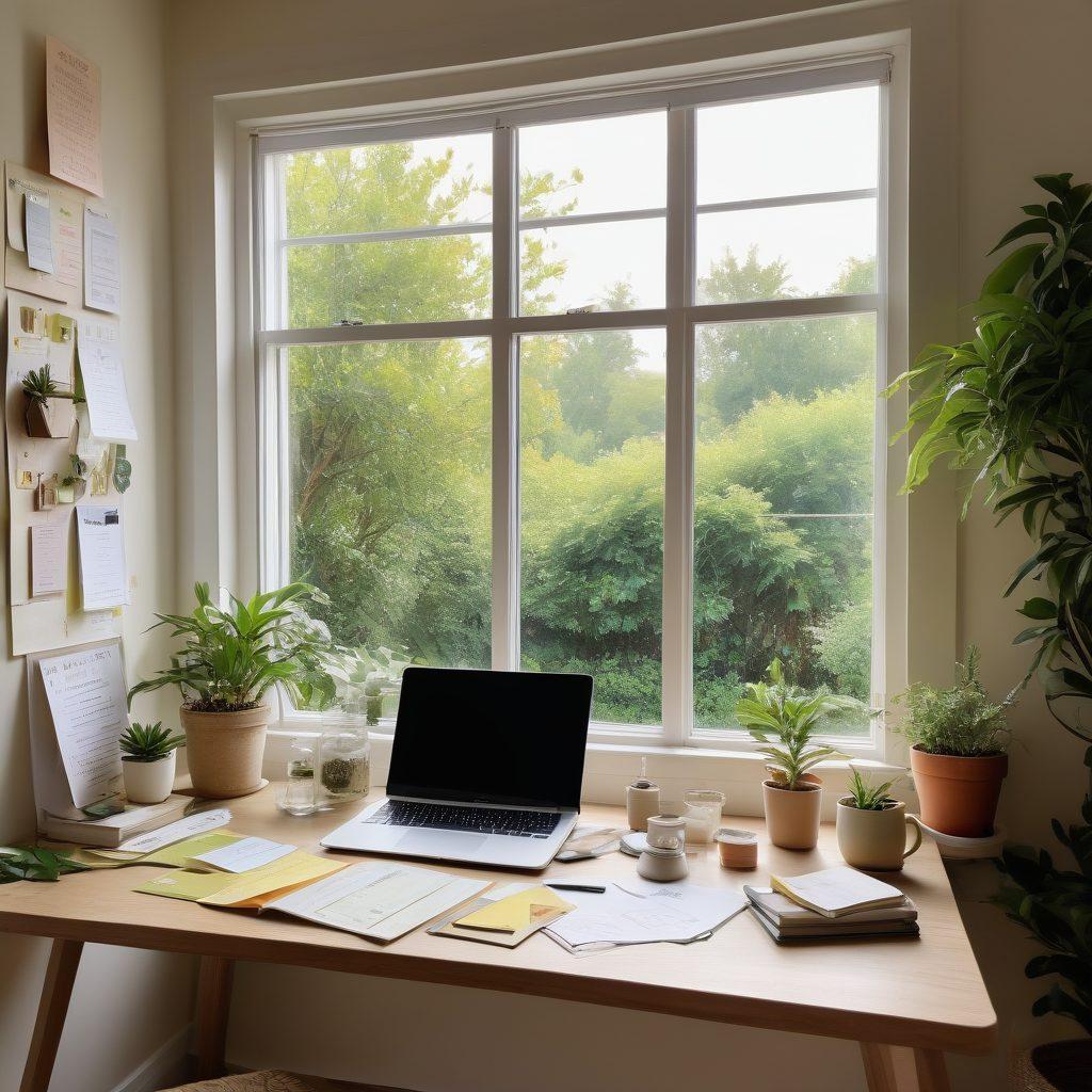 A serene workspace filled with a laptop displaying wellness blogs, surrounded by inspiring quotes on sticky notes. Incorporate elements like plants, a cup of herbal tea, and a vision board reflecting self-improvement goals. Soft natural light streaming through a window enhances the calming atmosphere. Artistic touches of a watercolor effect to evoke creativity. watercolor, soft colors, inspirational theme.